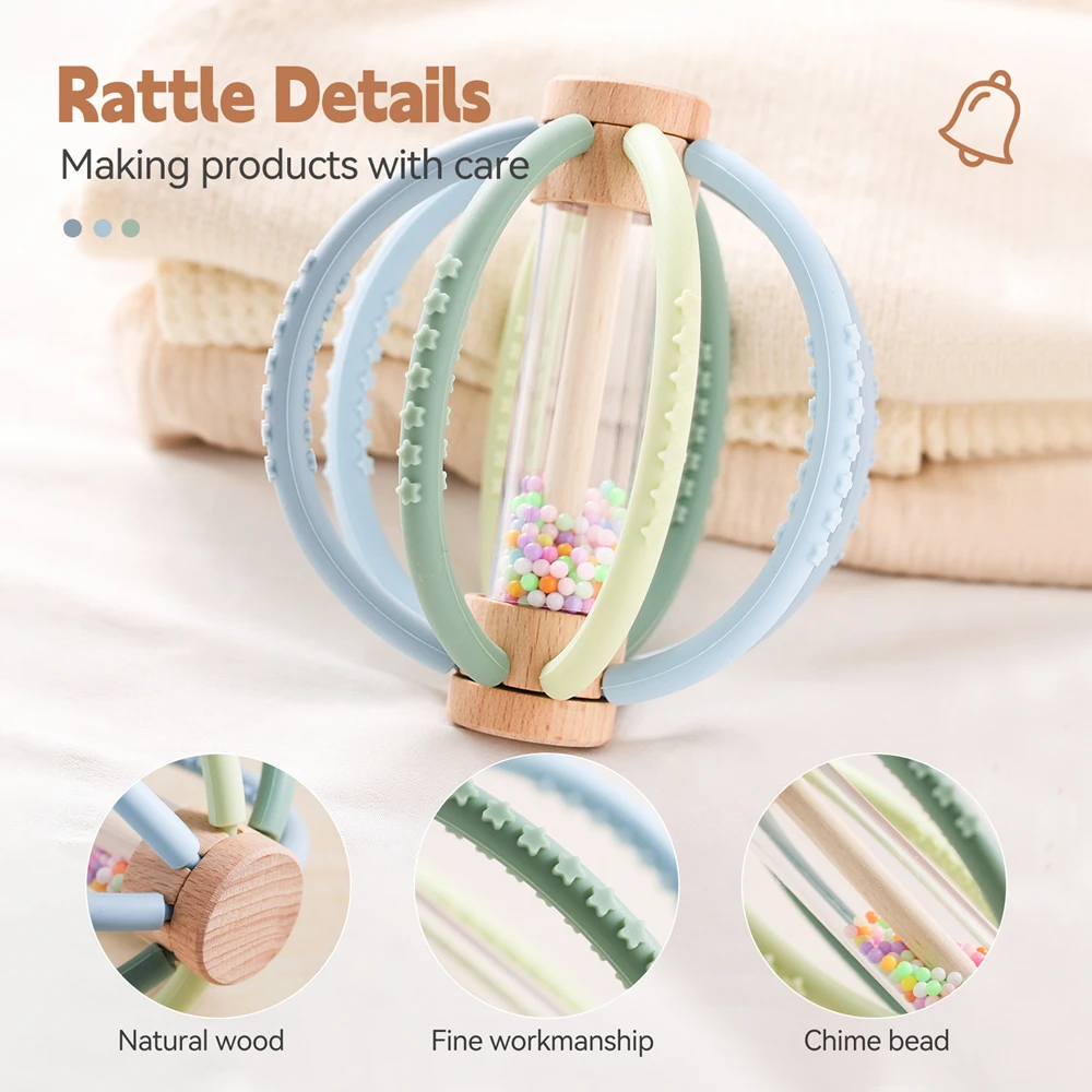 Hochet en Bois avec Tambour de Pluie en Silicone pour Bébé, Jouet Multifonction avec Toucher Sensoriel pour Nouveau-né, Nouveauté, Cadeau