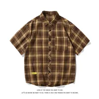 Casual Plaid Short Sleeve Shirt For Men New Summer Loose Fit Trendy Embroidered Youth Couple Clothing Top