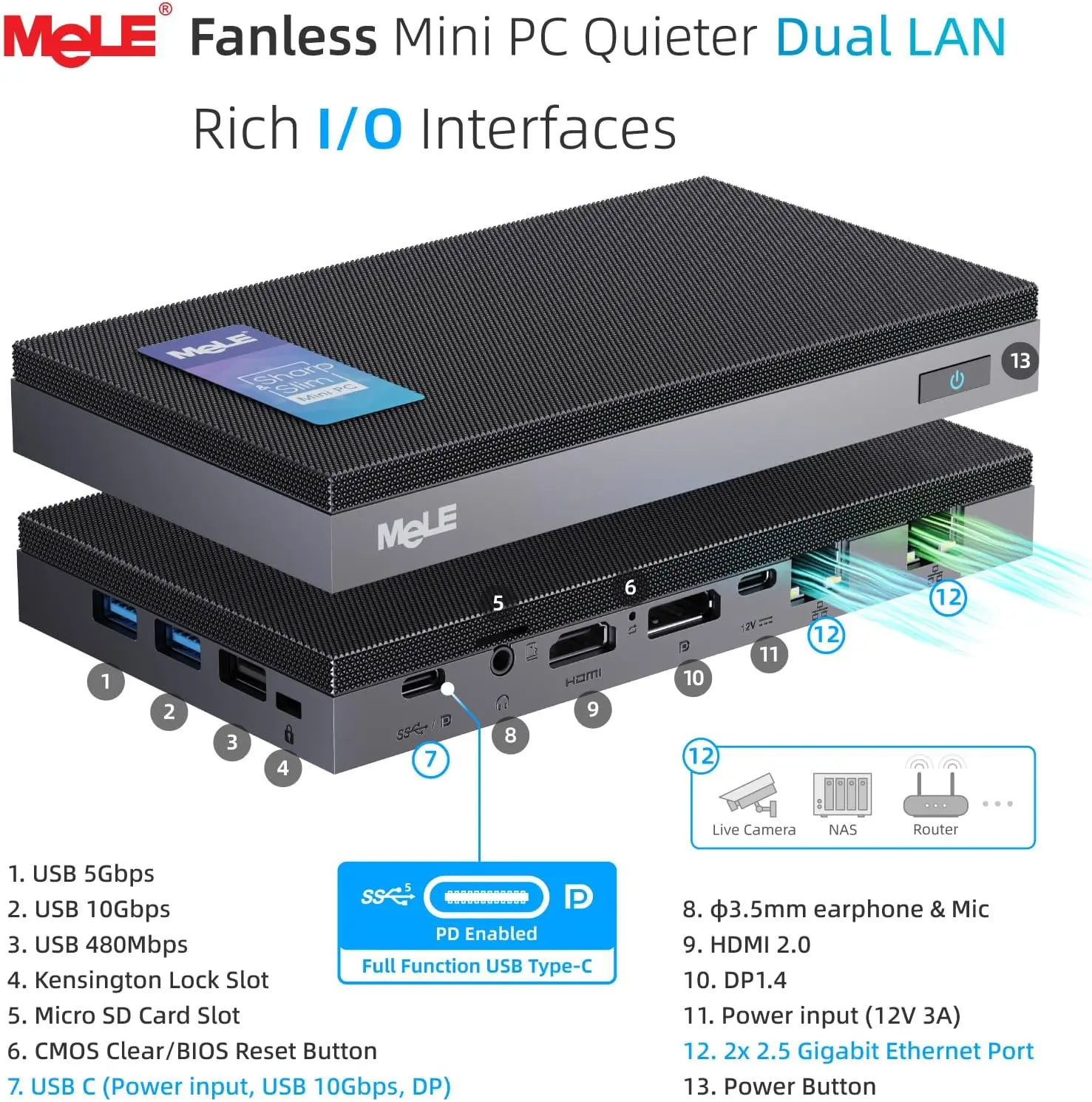 MeLE QuieterDL N100 Mini PC,Dual LAN 2.5G,Fanless Mini Computers,16GB,512GB,Full-Function USB-C,4K Triple Display Desktop PC