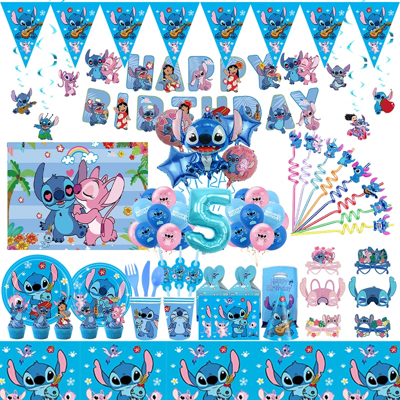 Disney Stitch Birthday Party Decorations Lilo Stitch Disposable Tableware Set Cups Plates Balloons Supplies for Kids