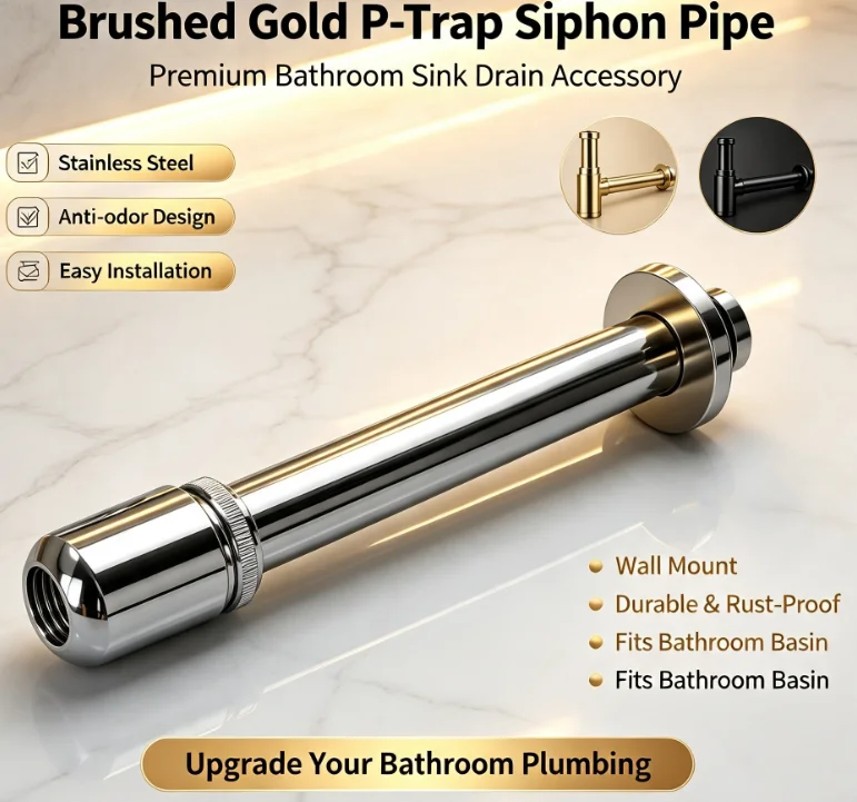 Brushed Gold Stainless Steel P-Trap Siphon Pipe, Bathroom Sink Drain Pipe Accessory, Wall Mount Basin Drain Installation Kit