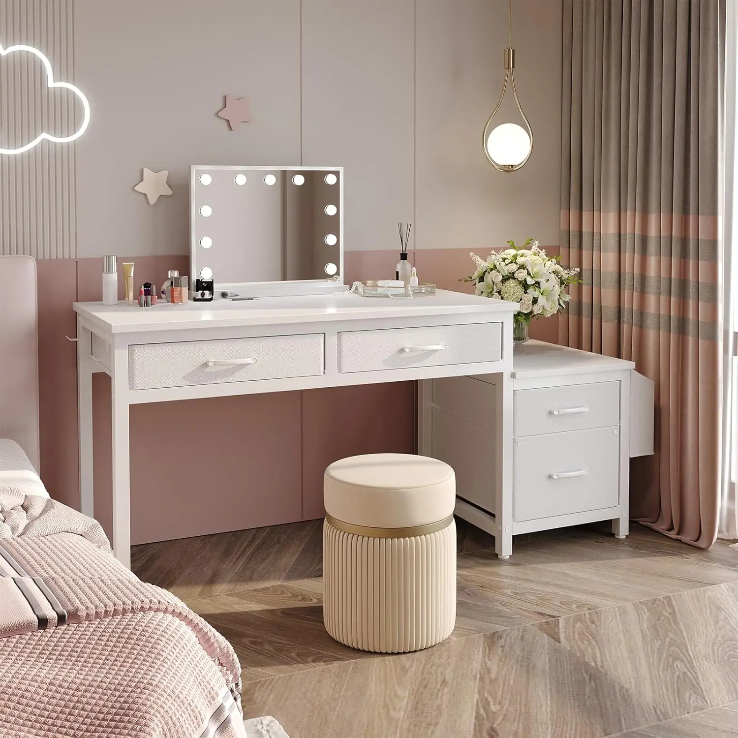 White Computer Desk with Fabric File Drawers Cabinet, 57 Inch Home Office Desks with Reversible Filing Cabinet Printer Stand for