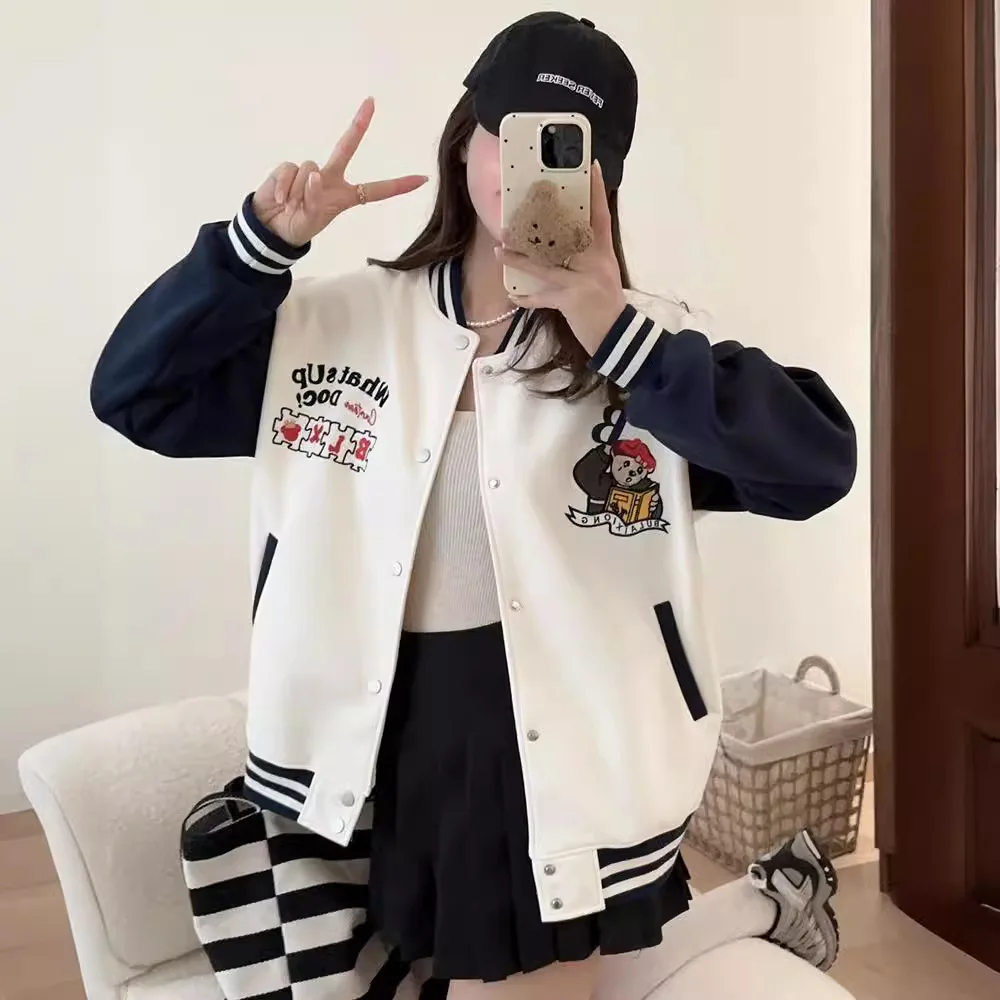 Cartoon Print Loose Casual Baseball Uniform 2024 Spring College Style Single Breasted Long Sleeve Cardigan Jacket Female Student