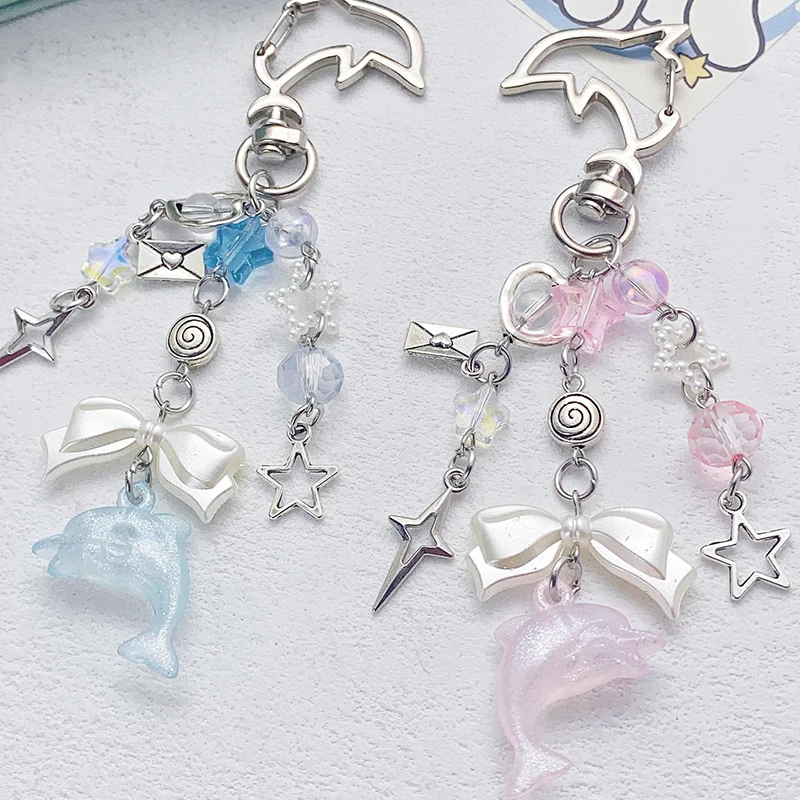 Criativo frisado chaveiro doce legal estrela golfinho pingente chaveiro moda charme carro chaveiro requintado mochila decoração presentes