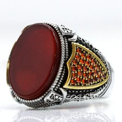 Men's Türkiye Handmade Ring Sterling Silver S925 Classic Natural Red Agate Women's Fashion Party Jewelry Gift