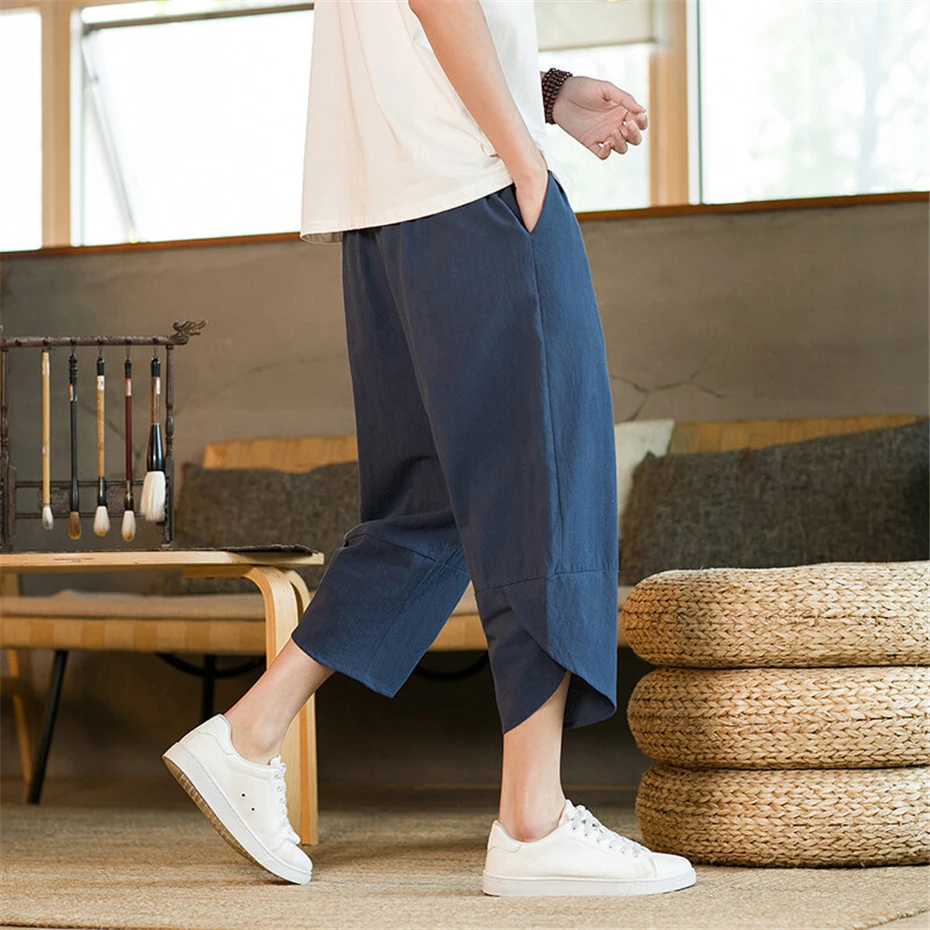 Large Size Harem Pants Men Harajuku Summer Thin Cotton Linen Pencil Pant Vintage Elastic Waist Calf Length Pants Male