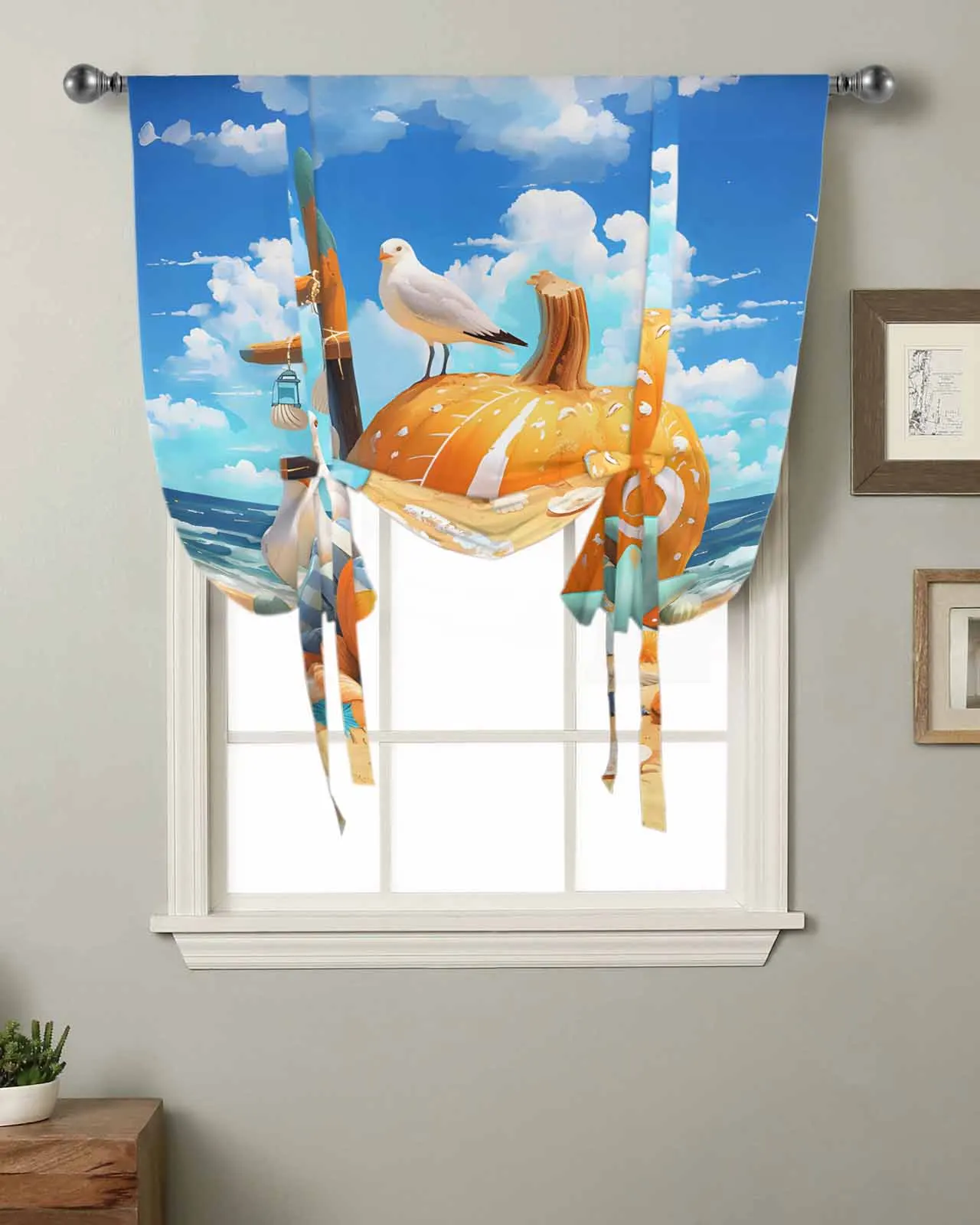 Summer Autumn Beach Pumpkin Starfish Seagull Window Curtain for Living Room Home Blinds Drapes Kitchen Tie-up Short Curtains