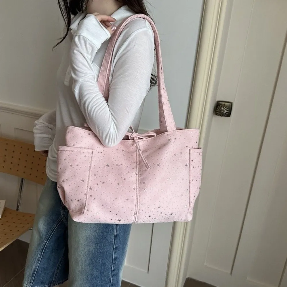 Casual Shiny Star Shoulder Bag Large Capacity Canvas Bow Tote Bag Korean Style Underarm Bag Women Handbag Women
