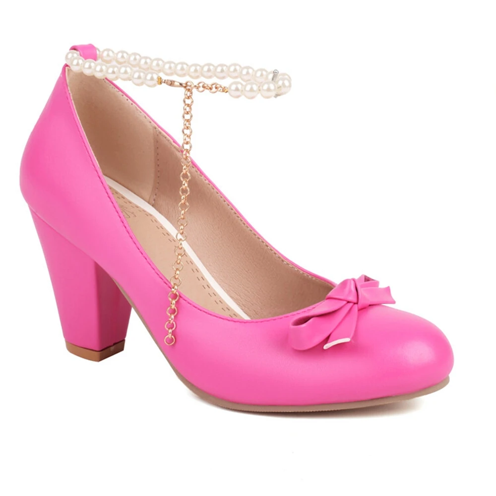 جديد السيدات أنيقة القوس جولة تو الأبيض عالية الكعب النساء أزياء كعب سميك حفل زفاف اللؤلؤ أحذية الزفاف حجم كبير 48 فولت-14 #2