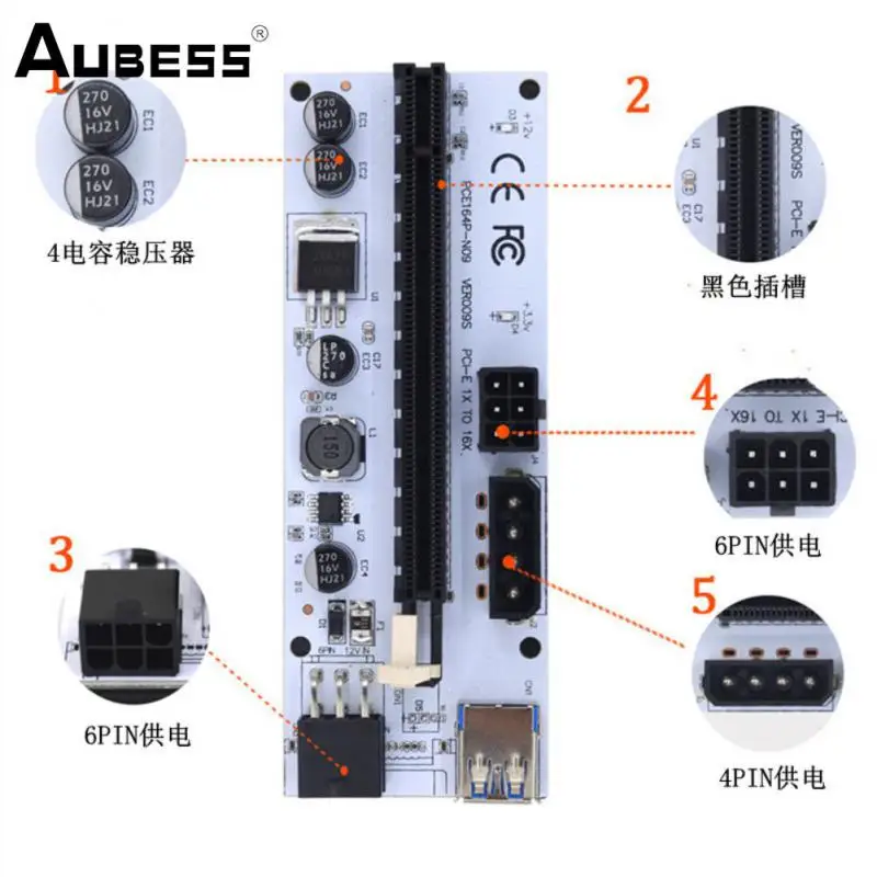 Newest VER009S PCI-E Riser Card 009S PCI Express 1X To 16X Extender 1M 0.6M USB 3.0 Cable SATA 6Pin 4Pin Power For Video Card