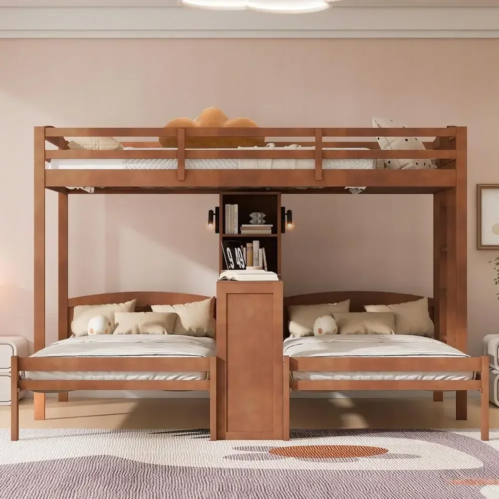 Triple Bunk Bed with Desk and Storage, 3-in-1 Solid Wood Design for Kids and Adults (Natural)