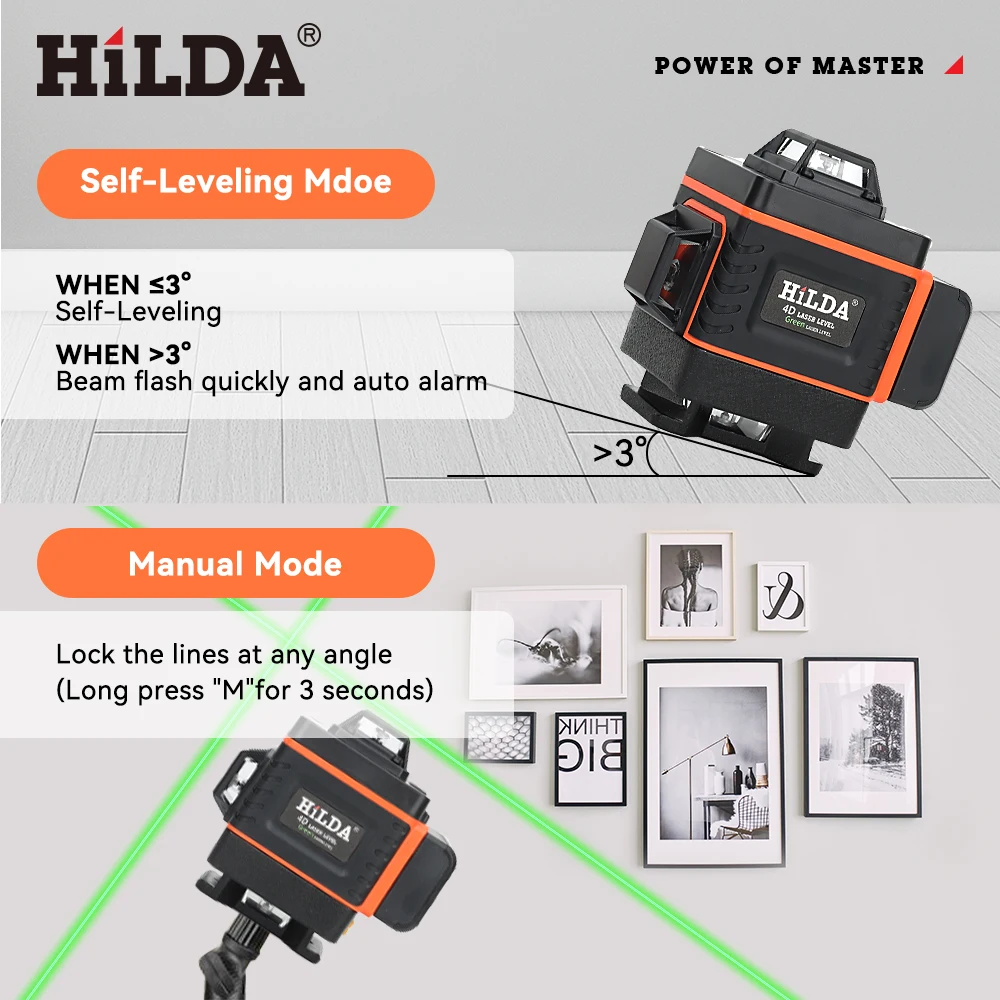 

Лазерный уровень HILDA 16/12 линий, зеленый луч, 360° ° Самовыравнивающийся лазерный уровень с горизонтальными и вертикальными перекрестными линиями
