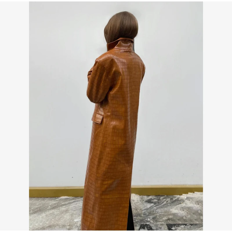 Crocodile Embossed Faux Leather Long Jackets Chic Wide Lapel Belted Waist Quarter Sleeve Loose Coat Women Street Chic Outfits