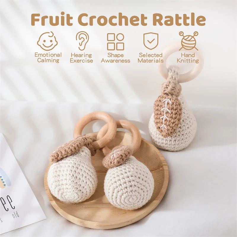 Newborn Baby Teether Music Rattle Baby Fruit Crochet Rattle Cute Cartoon Animal Crochet Rattle Soother Bracelet Kids Wooden Toys