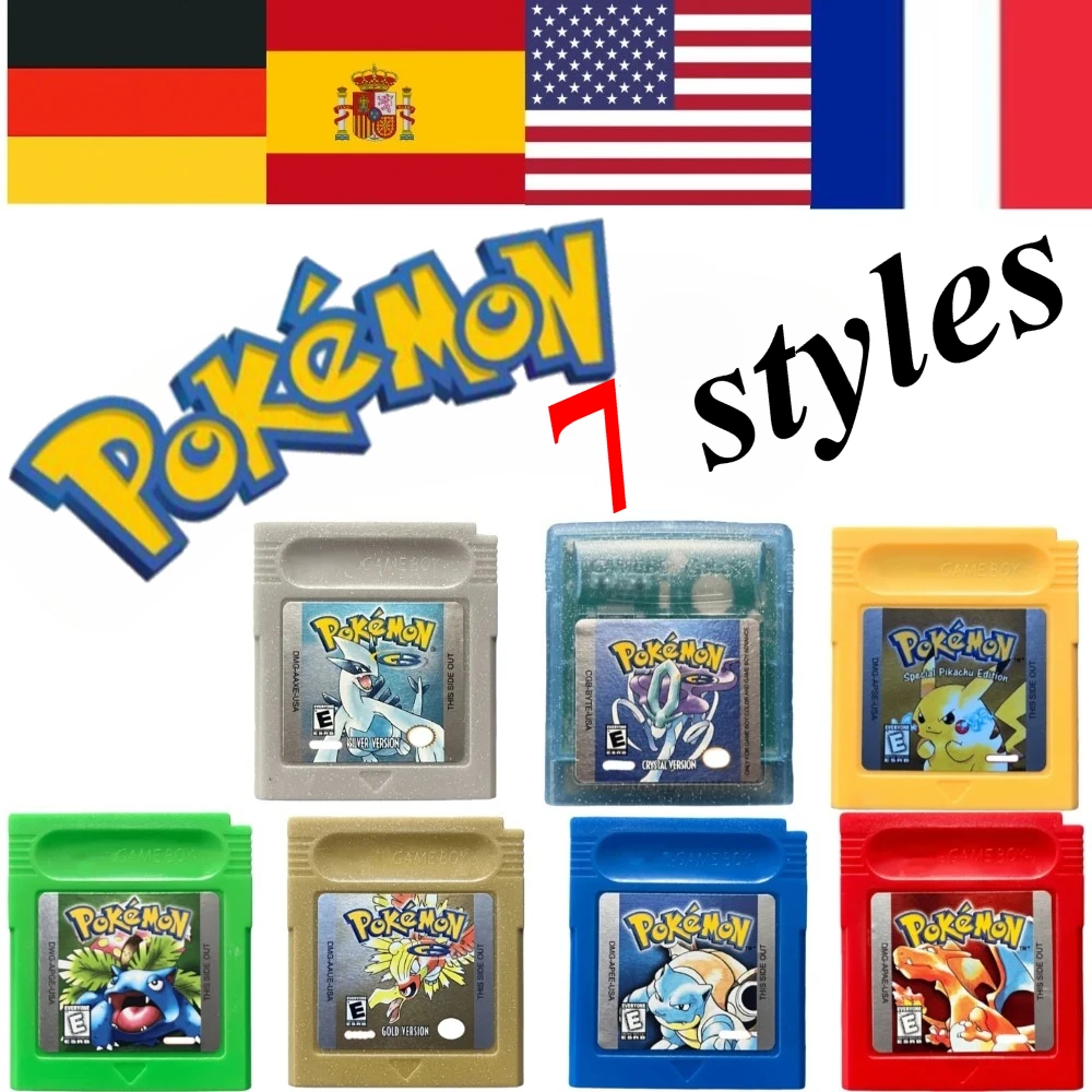 7 Estilos de Cartuchos de Juego Pokémon de 16 Bits para GBC, Rojo, Azul, Verde, Dorado, Plateado, Cristal, Versión Francesa/Española/Alemán/Inglés