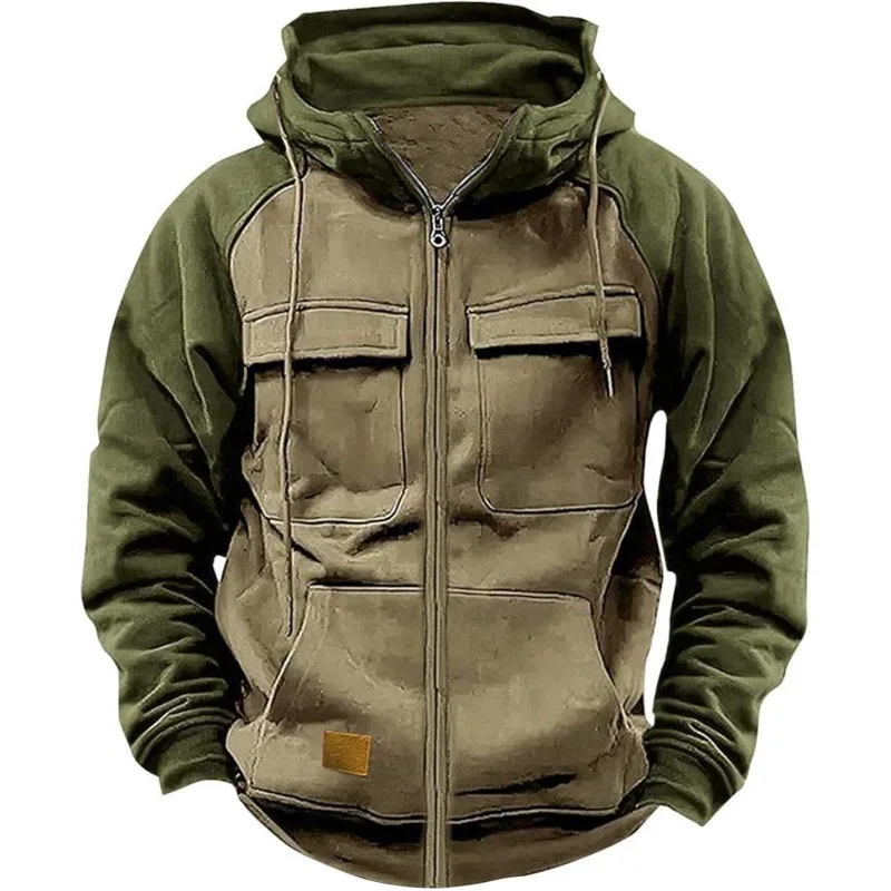 Image of KIDWHXR Herbst Herren Sweatshirts Kontrastfarbener Reißverschluss Kapuzenjacke für Männer Outdoor Sport Lässige Lose Langarm Herren Oberbekleidung