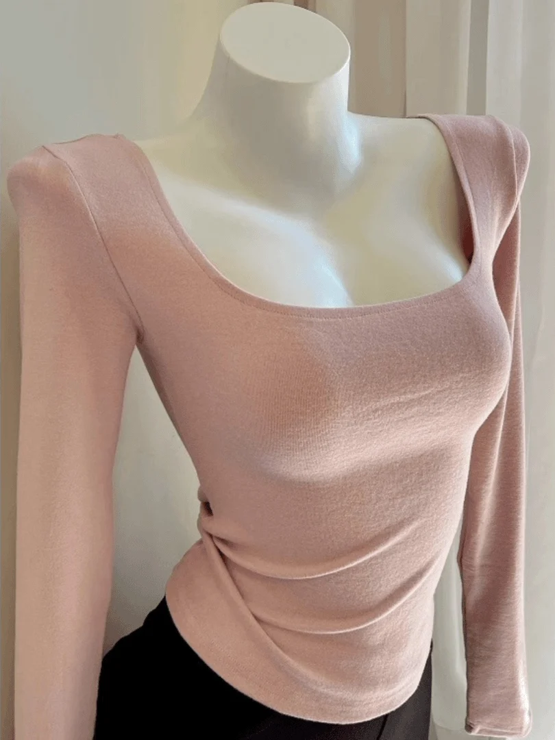 

Розовая приталенная футболка с длинным рукавом и квадратным вырезом, весна 2026, в стиле Ins, для повседневной носки, с декоративными 3D-вставками