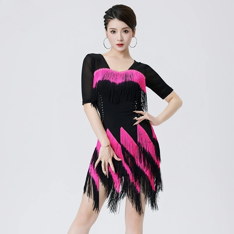 

Customized Belly Latin Dance Suit Performance Dress Hot Diamond Competition Performance Wear Gradient Tassel Dress for Women