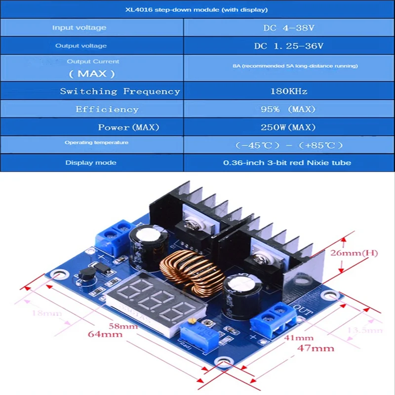Premium LED Voltmeter PWM Adjustable 4-38V To 1.25-36V Step-Down Board Module XL4016 8A 250W DC-DC Power Drop Module