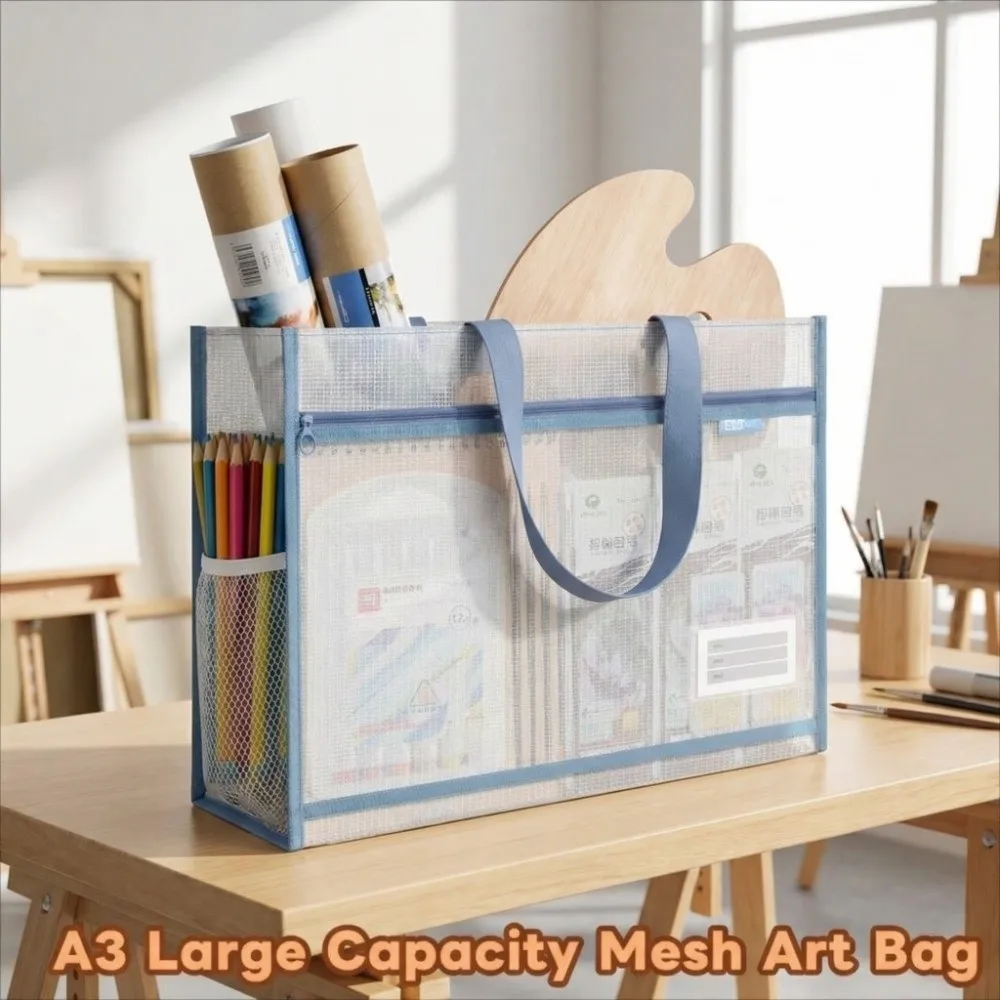 

Casual A3 Mesh Art Bag Transparent Large Capacity Test Paper Bag Waterproof Tote Bags 8k Sketch Drawing Album Handbag Teenager