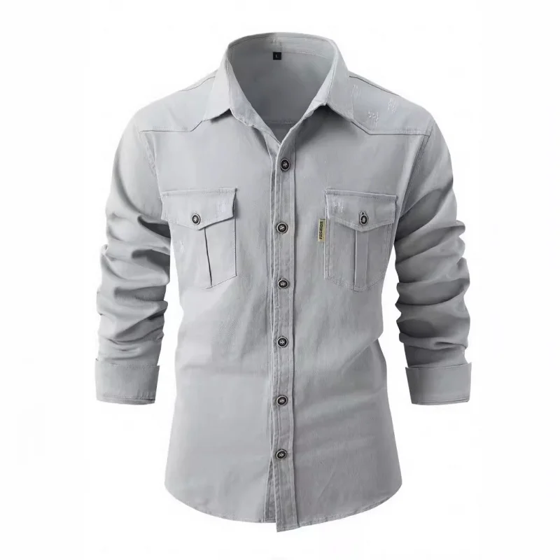 Autumn Winter New European Size Men's Shirt Washed Stretch Cotton Casual Fashion Business Men's Long Sleeve Shirt