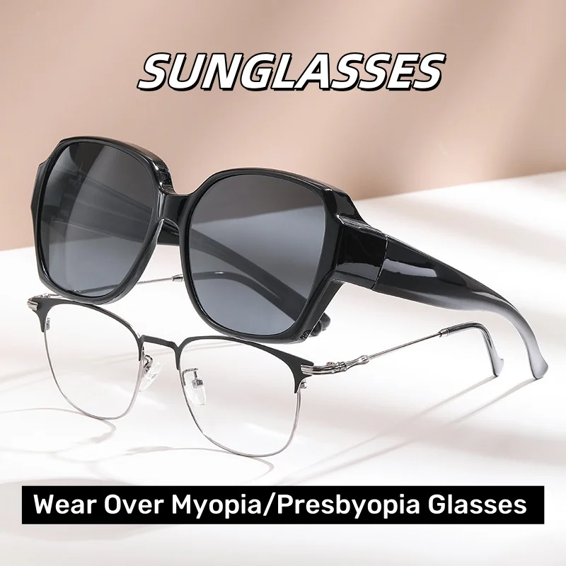 

Fashionable and Personalized Square Frame Sunglasses Wear Over Myopia Prescription Glasses Unisex Model Outdoor Beach Sunglasses
