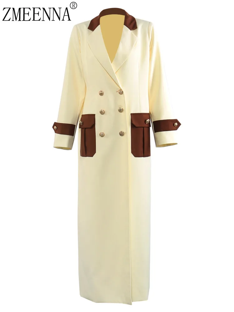

ZMEENNA женский двубортный плащ с контрастным воротником и карманами, золотые пуговицы, пальто с длинными рукавами, полная длина ZM4329