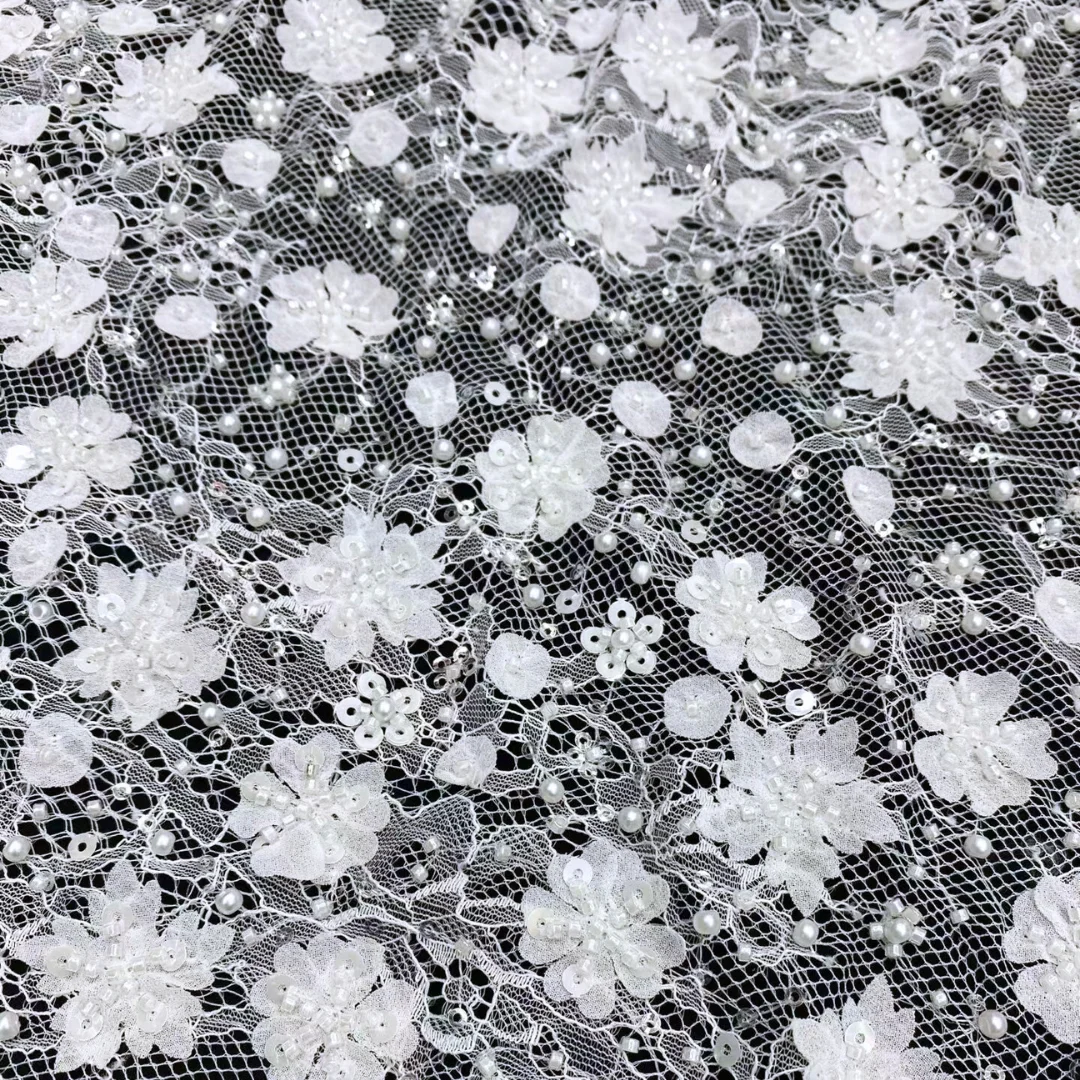 Luxury African Purple Wave Embroidery Lace Fabric Beaded Sequins Nigerian Tulle Lace For Wedding Party Dress Sewing by 5 yards