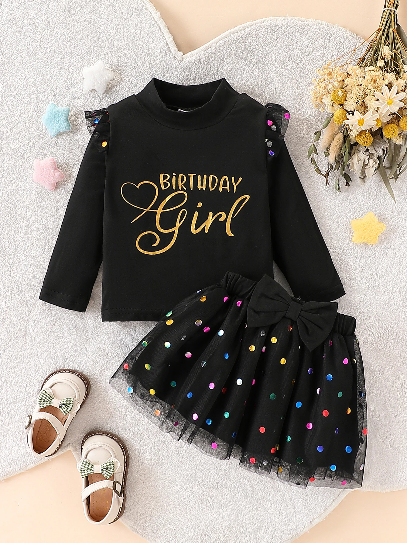 Black Glitter Birthday Letter Ruffle Shirt Baby Girls Matching Rainbow Polka Dot Bow Mesh Skirt Holiday 2Pcs Clothes Set 12M-5Y