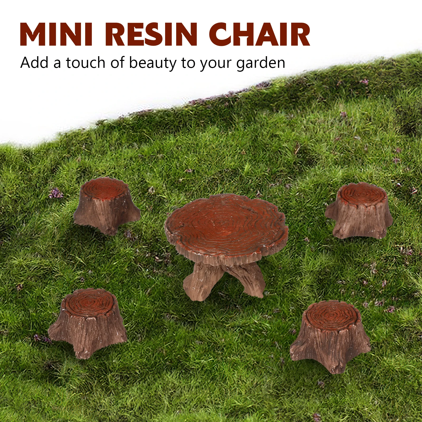 

Garden Decor Wooden Pile Table and Chair Ornaments Chairs Miniature Toy Set Resin