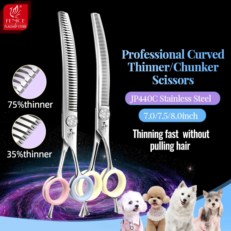 Fenice Grooming Scissors Diamond Screw 7/7.5/8 Inch Professional Curved Chunker Scissors Thinner Shears for Pet Beautician Tools