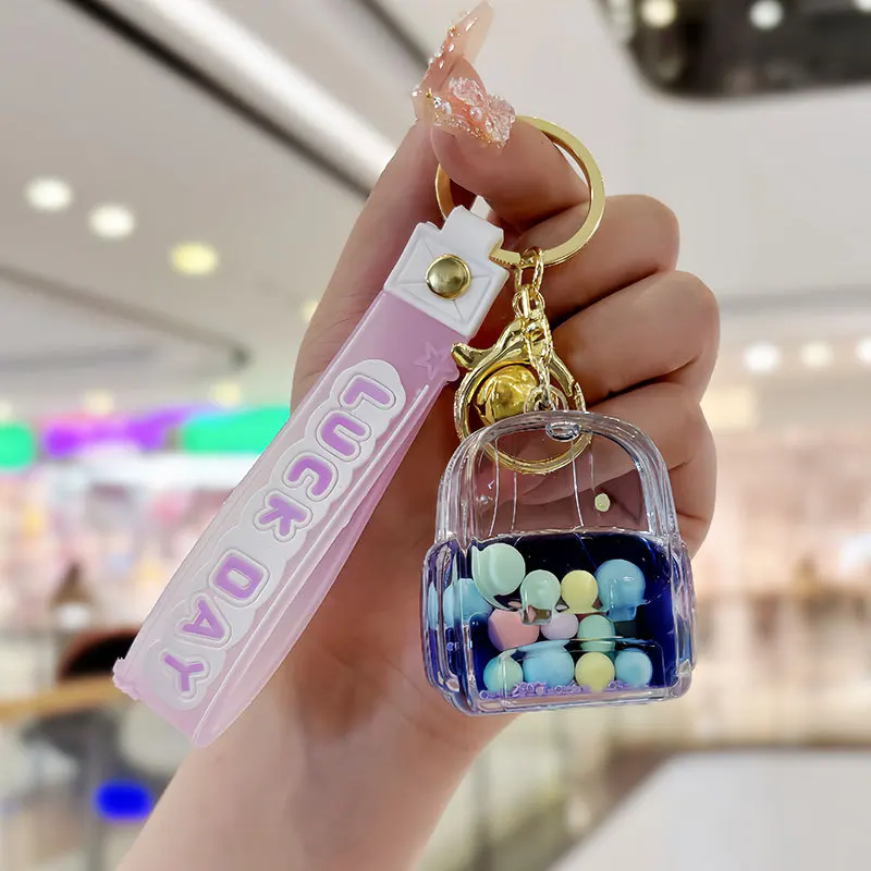 Cute Color School Bag Liquid Keychain Kawaii Liquid Quicksand Keychains Wrist Lanyard Wristlet Strap for Girl Woman