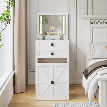 JDPAG 三合一農舍風格化妝台,小型化妝台,帶翻蓋化妝鏡和 LED 燈,緊湊型化妝桌,帶凳子 8 最佳銷售 小梳妝台 - №6