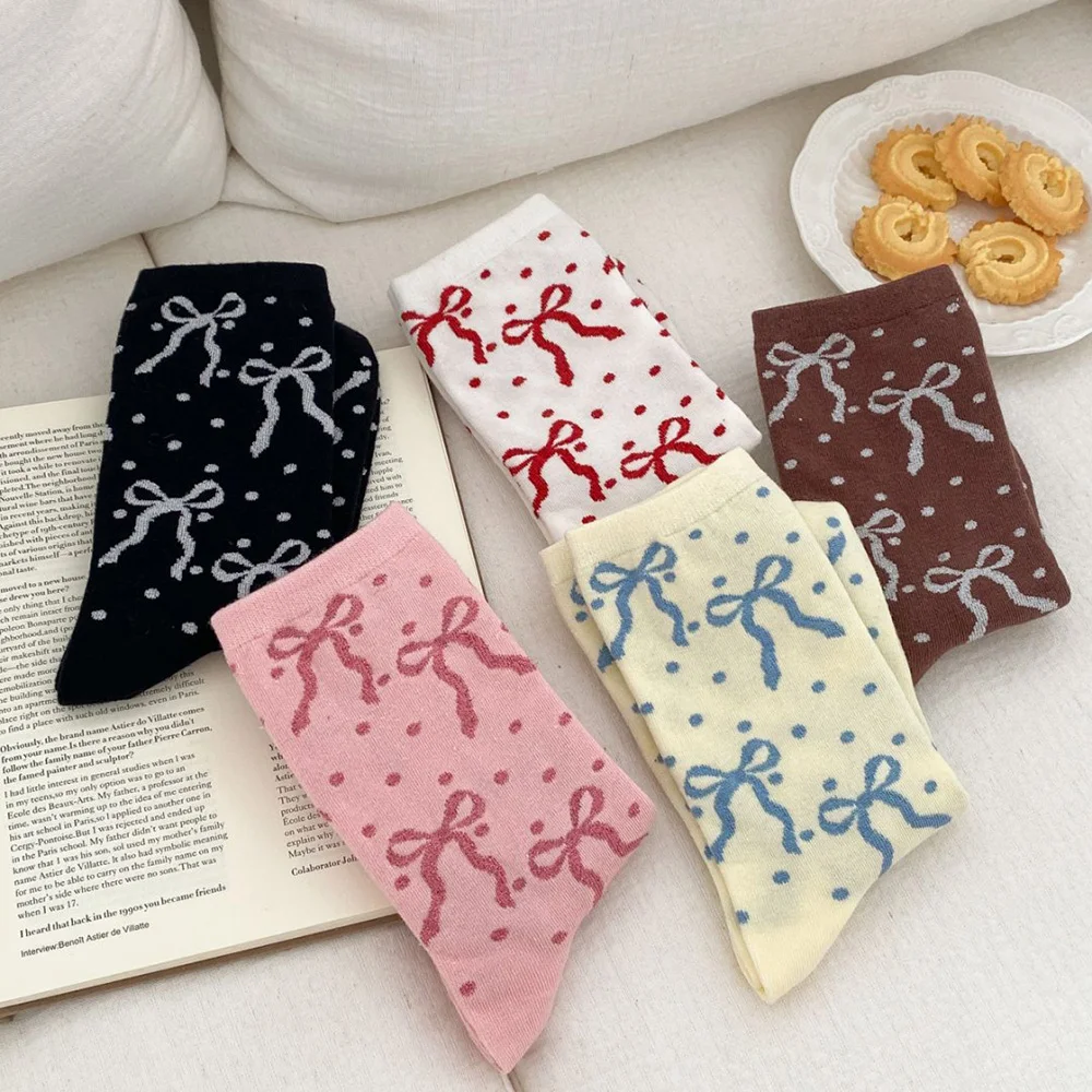 5 Pair Korean Style Women Socks Fashion Long Casual Autumn Winter Cute Round Dot Funny Bow Lady Socks Middle Tube Sokken Vrouwen