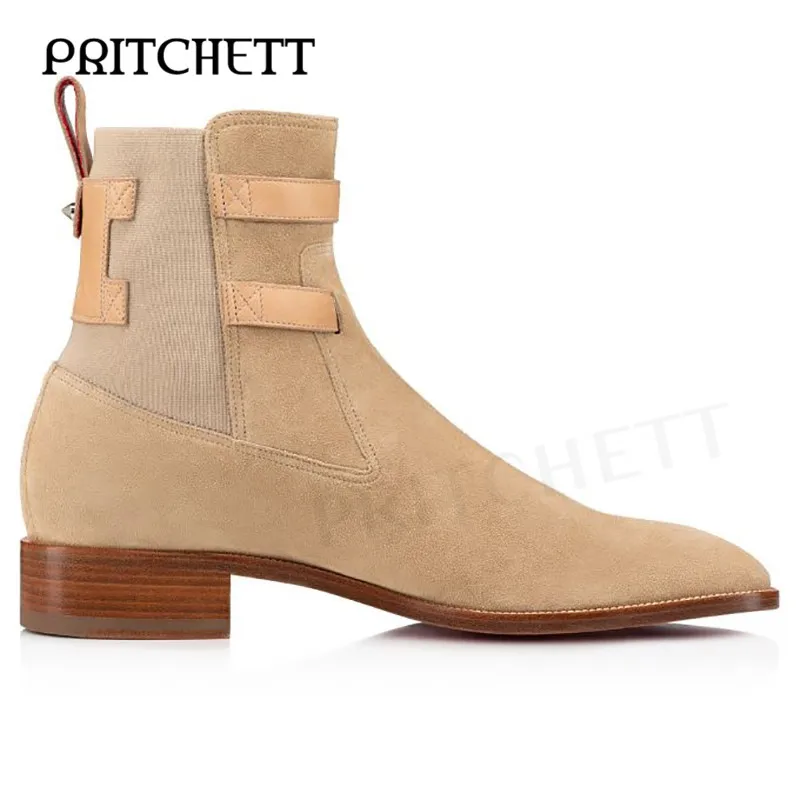 Men's Brown Suede Leather Boots Wood Grain Heel Belt Buckle Pull-On Ankle Boots Fashion Casual Business High Quality Men's Boots