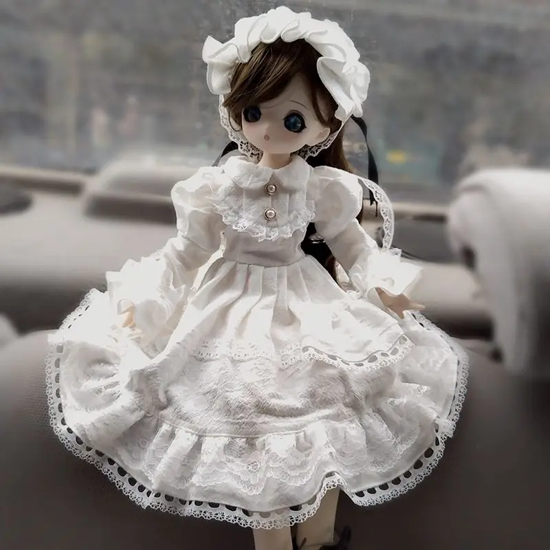 Elegant White Victorian Lace Doll Dress with Big Bow Headwear for 30Cm 45Cm 60Cm Bjd Doll Decor & Shooting Kawaii
