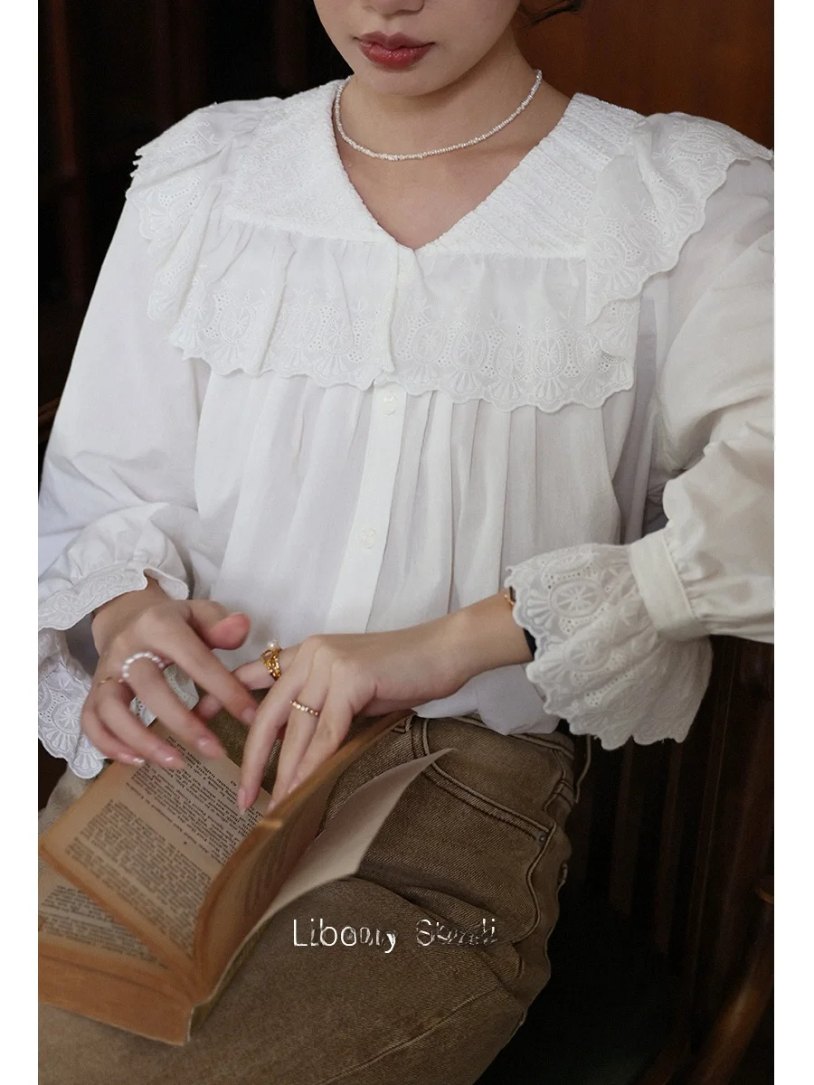 

Princ Sle Long Sve Princ Collar irt Lace Trim Patchwork Design Cotton Pure Material New Autumn Winter Women's irt