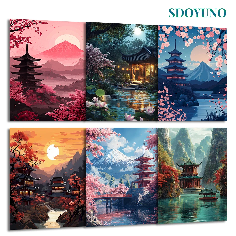 2026 Painting By Numbers Retro art scenery Chinese style pavilions Painting Calligraphy Markers By Numbers Diy Diamond Picture