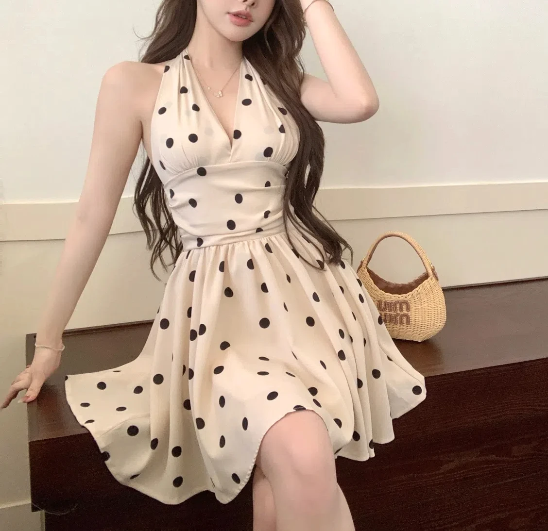 Summer Vintage Office Lady Pullover Sleeveless Women\'s Clothing Halter Bandage Polka Dot Printing Knee Skirts Sweet Dresses