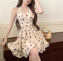 Summer Vintage Office Lady Pullover Sleeveless Women's Clothing Halter Bandage Polka Dot Printing Knee Skirts Sweet Dresses