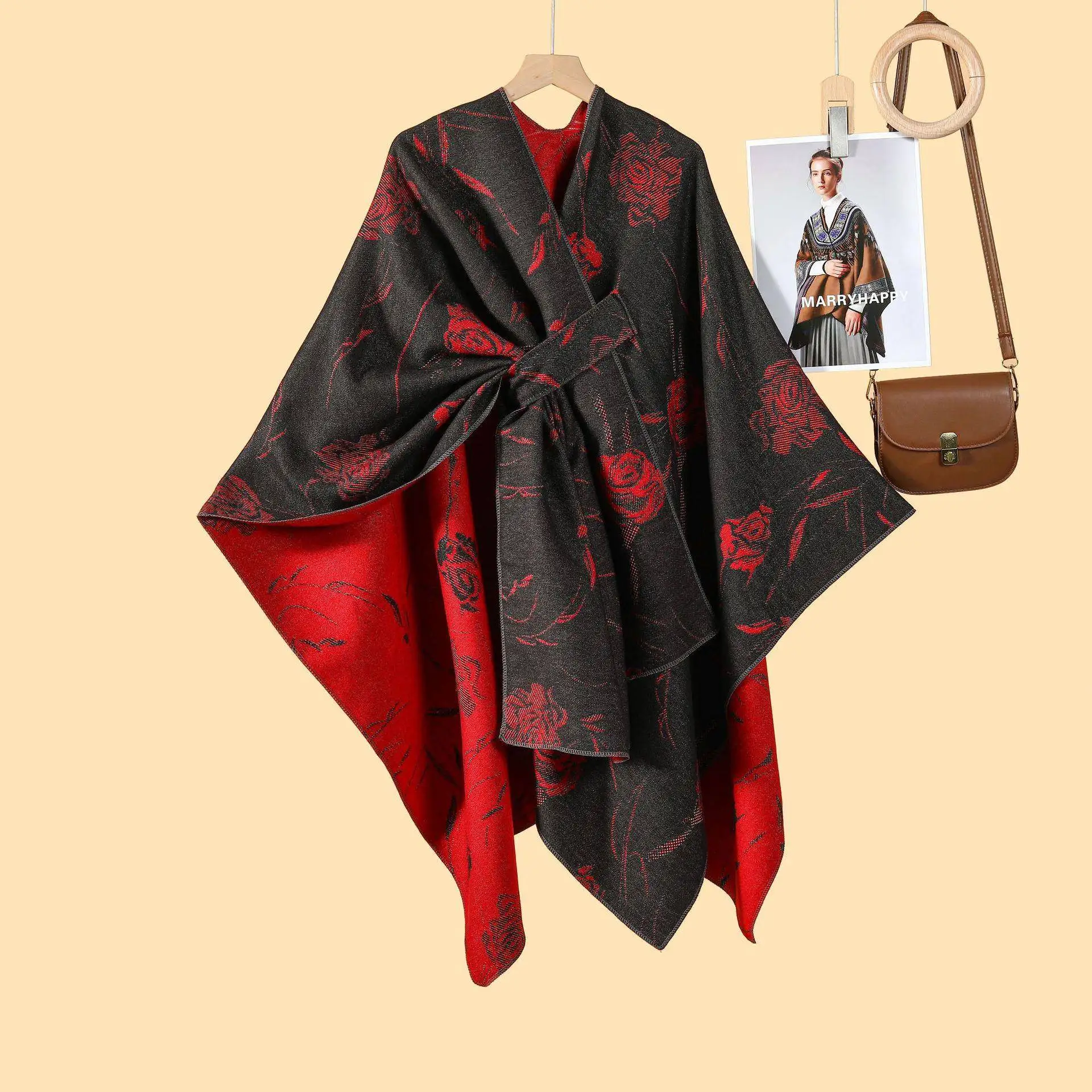 

Ladies Romantic Rose Side Split Large Shawl Multi-Functional Warmth Outerwear Spring Fashion Accessories Velvet Plant Floral