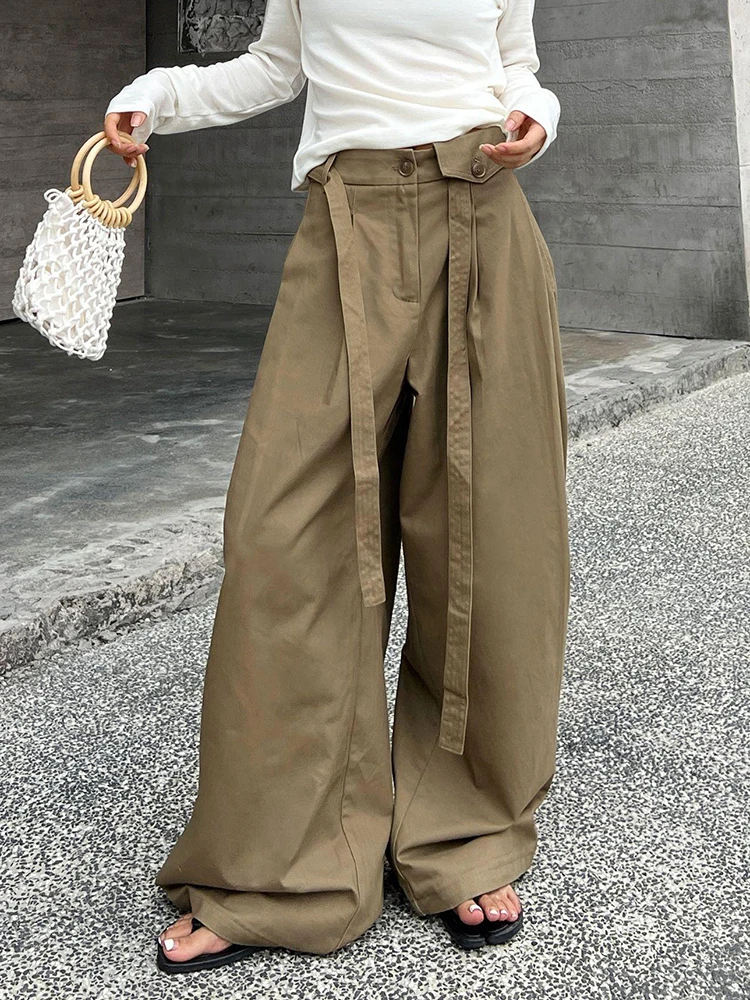 

Minimalism Bandage Pants Women High Waist Wide Leg Pants Korean Fashion Pocket Trousers Washed Casual Elegant Khaki Pants Chic