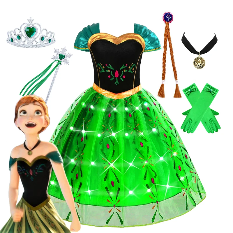 Vestido de malla de encaje verde Anna Frozen de Disney con luz Led para niñas, vestido de princesa Cosplay, disfraz de fiesta de cumpleaños y Carnaval