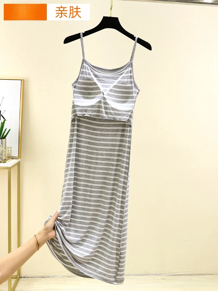 

Summer Thin Modal Strap Dr Women Casual Stripe Long Slimming Base Layer Skirt Comfortable Breathable Lightweight Dr