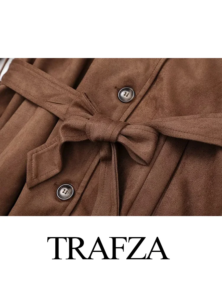 TRAFZA Autumn Women New Elegant Windbreaker Turn-Down Collar Long Sleeves Belt Solid Female Double Breasted Trench Coat Mujer