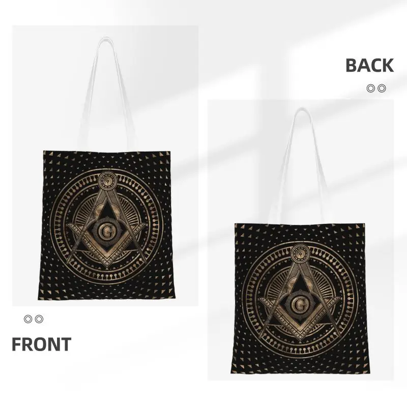 Freemasonry Symbol Square And Compasses Grocery Shopping Bag Fashion Printing Canvas Shopper Shoulder Tote Bags Masonic Handbag