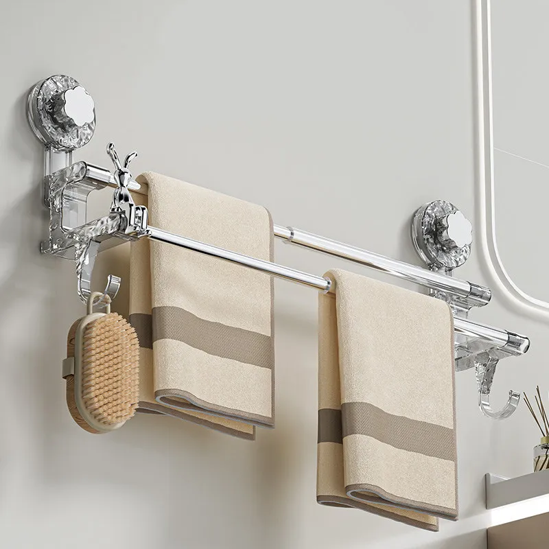 Expandable Dual Towel Rack Bathroom Wall No-Drill Suction Cup Mount Hooks Adjustable Cm Or Telescopic Rod In Clear Translucent