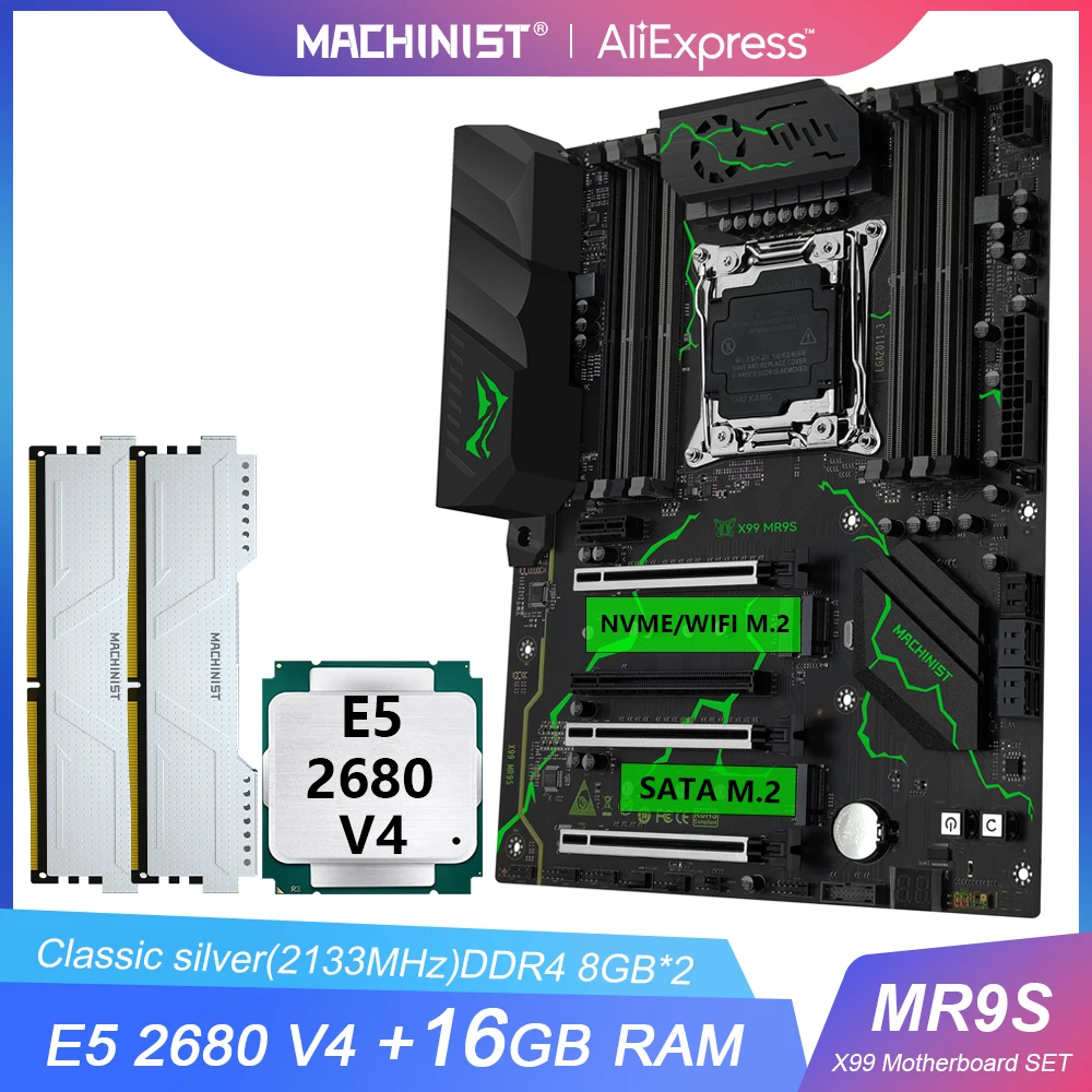 MACHINIST 마더보드 LGA2011-3 키트 세트, 인텔 제온 E5 2680 V4 CPU DDR4 2x8GB RAM, ATX NVME SATA M.2 USB3.0, 4 채널, X99 MR9S 