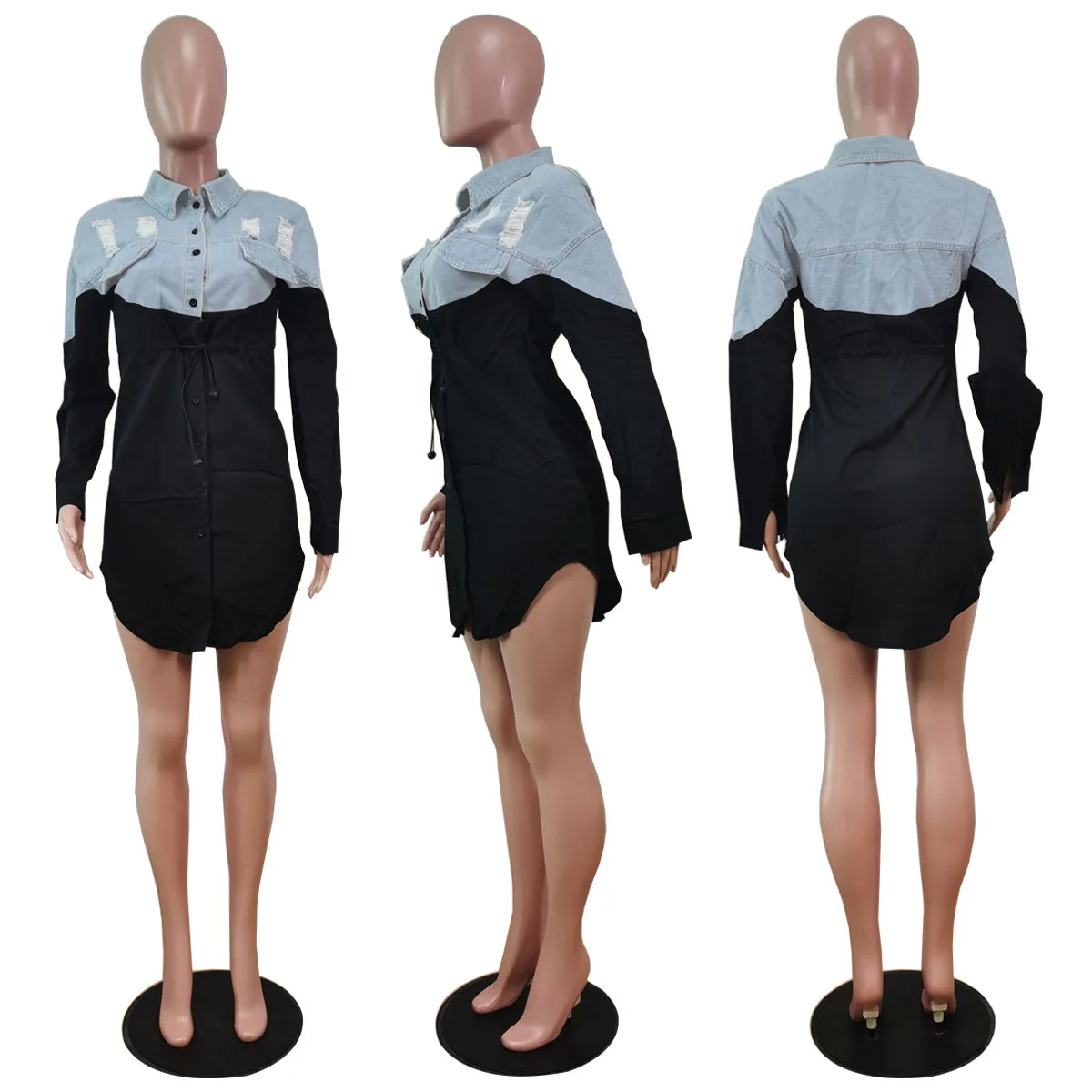 Women Colorblock Button Front Patchwork Shirt Dress Femme Turn-down Collar Mini Party Robe Lady Outfits Vestidos