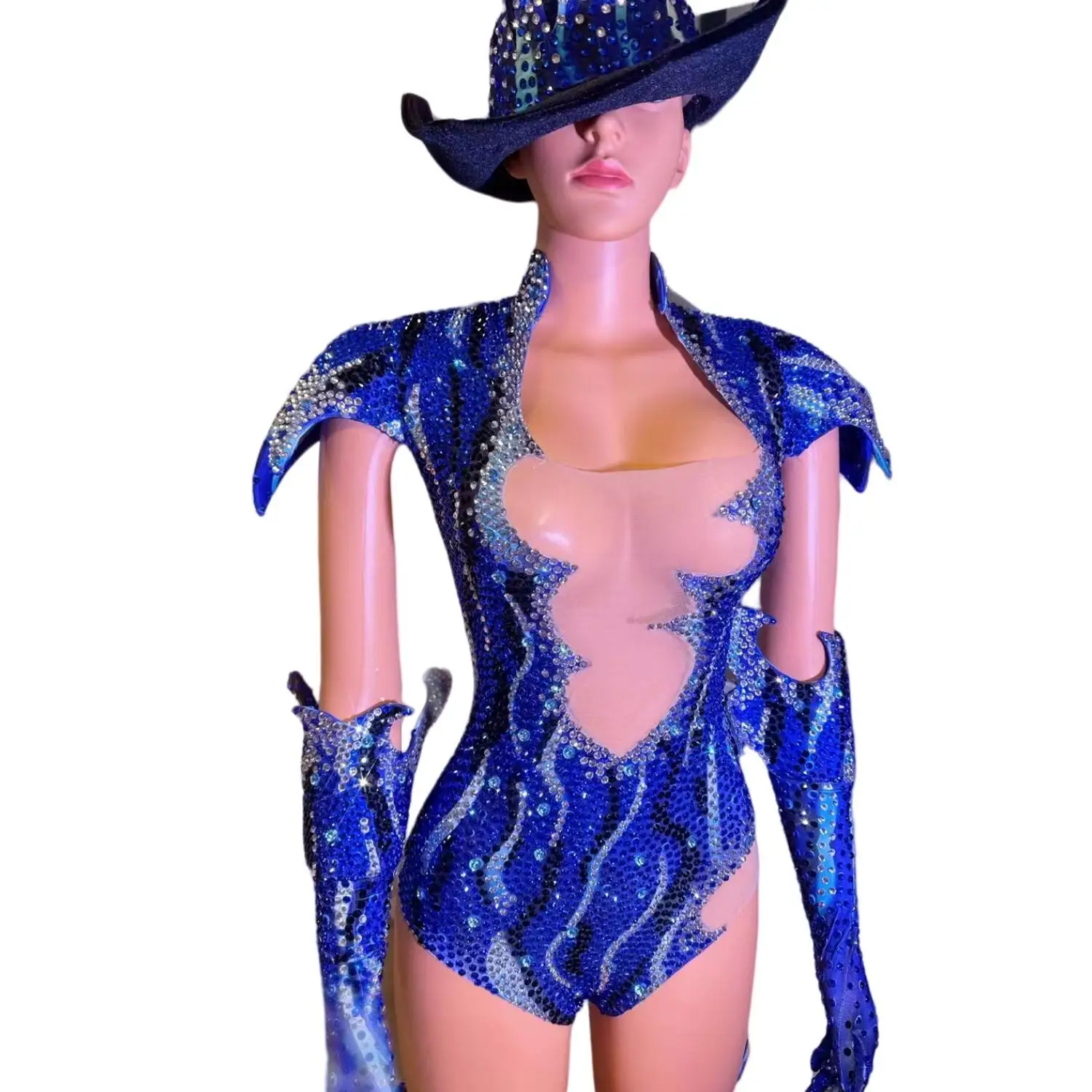 Women All Set Shinning Bodysuits Rhinestone Dance Costume with Hat Party Halloween Party Wear Celebrity Drag Queen Wear Fangao